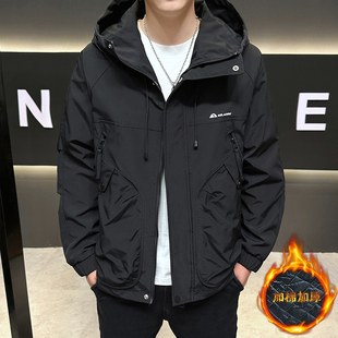 加棉加厚工装外套男2025秋冬新款宽松帅气二棉夹克连帽棉服冲锋衣