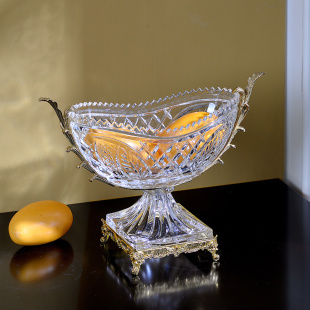 饰果盆摆件 茶几客厅高脚黄铜家居水果盘装 欧式 水晶玻璃果盘美式