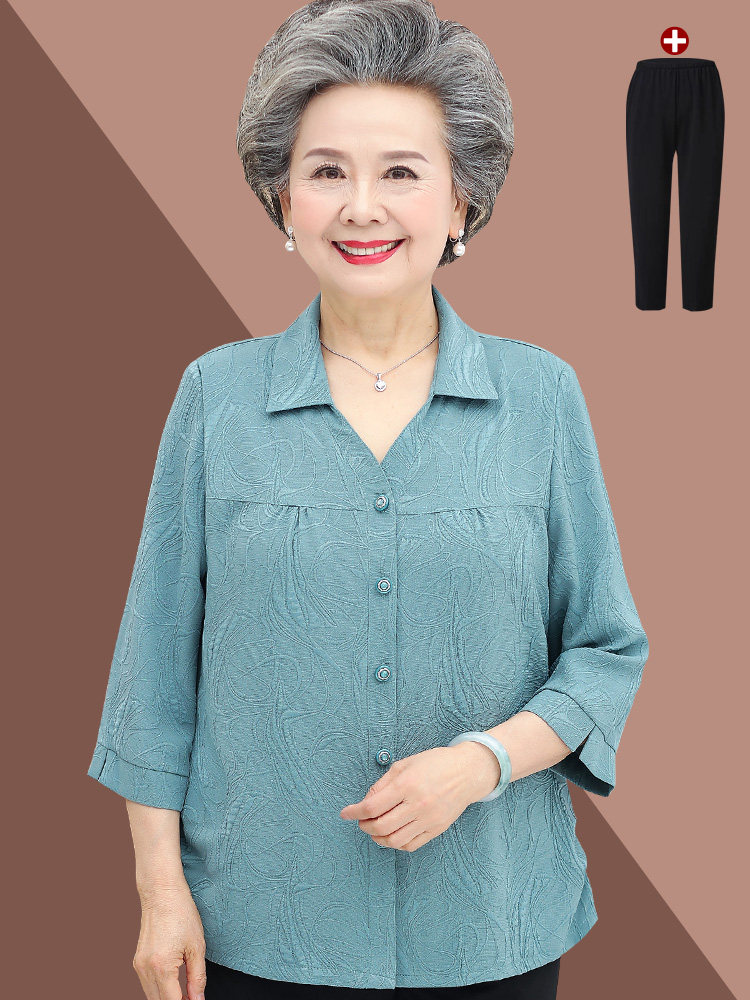เสื้อผ้าฤดูร้อนสำหรับผู้หญิงวัยกลางคนและผู้สูงอายุ เสื้อผ้าคุณแม่ แจ็กเก็ตฤดูใบไม้ผลิและฤดูใบไม้ร่วง ชุดเสื้อเชิ้ตสำหรับคุณยายวัย 60–70 ปี ไซส์ใหญ่