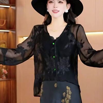 2025复古新款夏季提花长袖衬衫