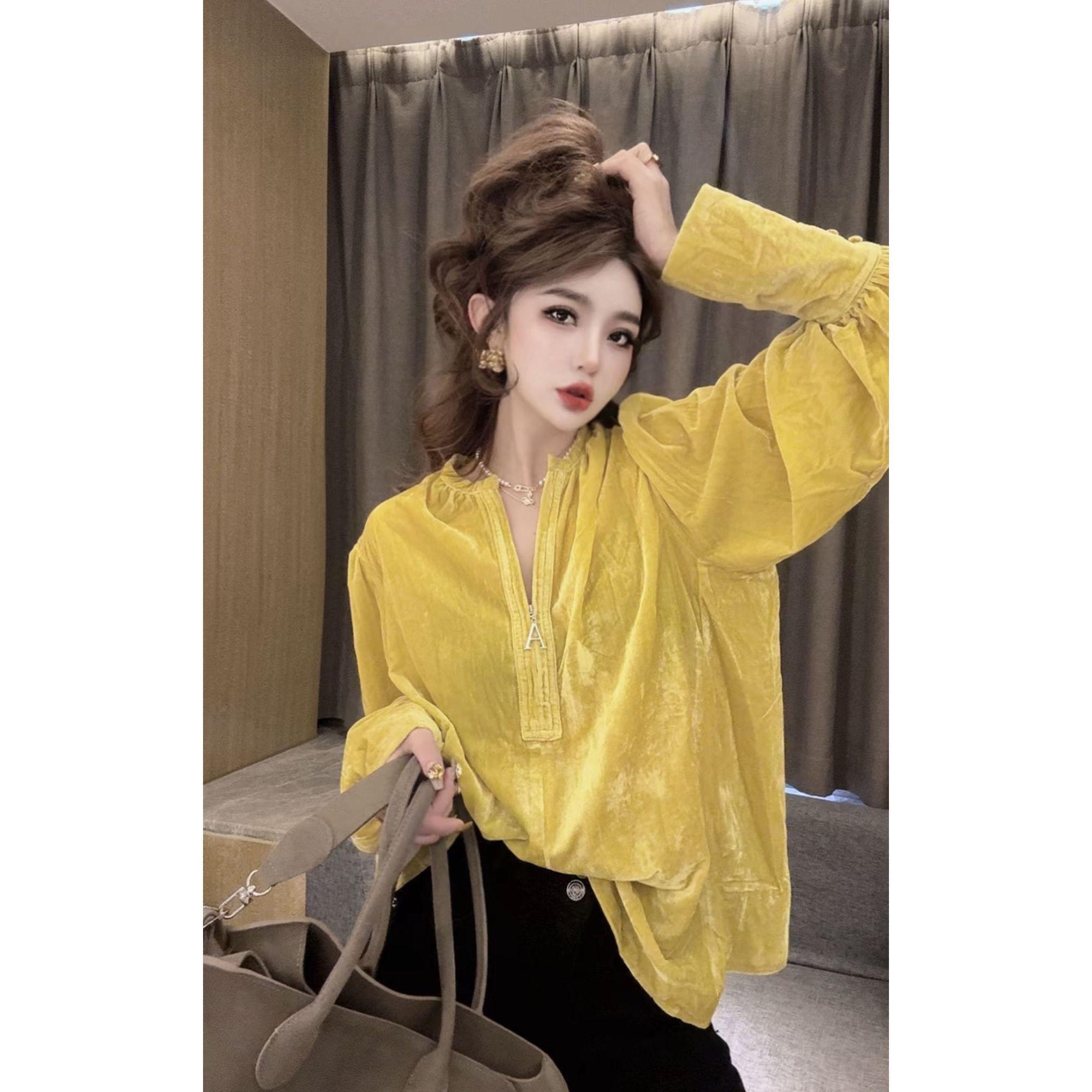 2025春季新款欧洲站时尚气质小清新宽松显瘦慵懒风丝绒纯色衬衫潮