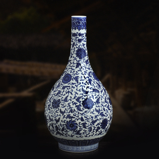 景德镇陶瓷器仿古手工绘制青花瓷花瓶缠枝莲纹胆瓶台面工艺品摆件