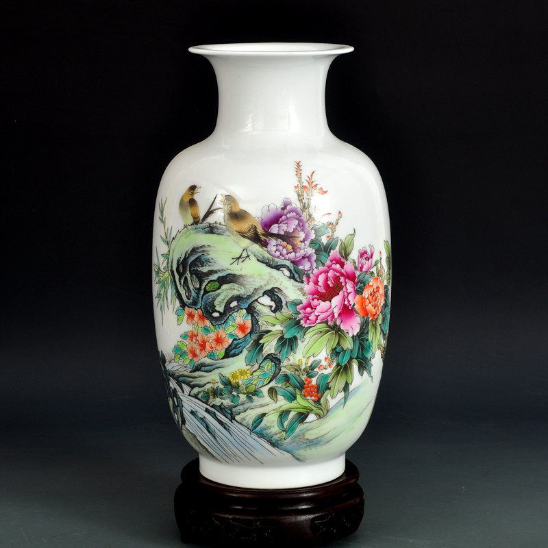 景德镇大师手绘陶瓷花瓶粉彩花鸟瓷器摆件客厅台面装饰新古典摆设