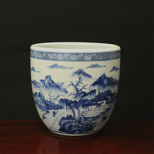 陶瓷器花瓶 仿古手绘青花瓷山水缸景德镇现代中式 工艺品台面摆件