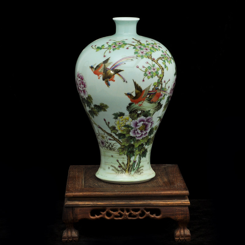 台面花瓶景德镇陶瓷器粉彩手绘花鸟梅瓶明清古典客厅装饰花器摆件