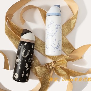 美版 黑色扑克保温杯带吸管提手便携水壶男女户外杯 Owala蓝色丝带