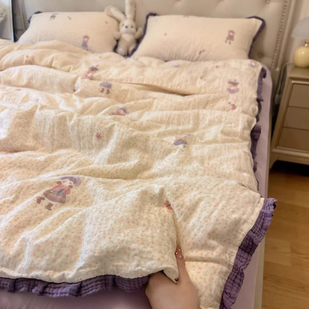A类母婴级卡通碎花纯棉双层纱四件套花边夏凉被空调被薄款可机洗