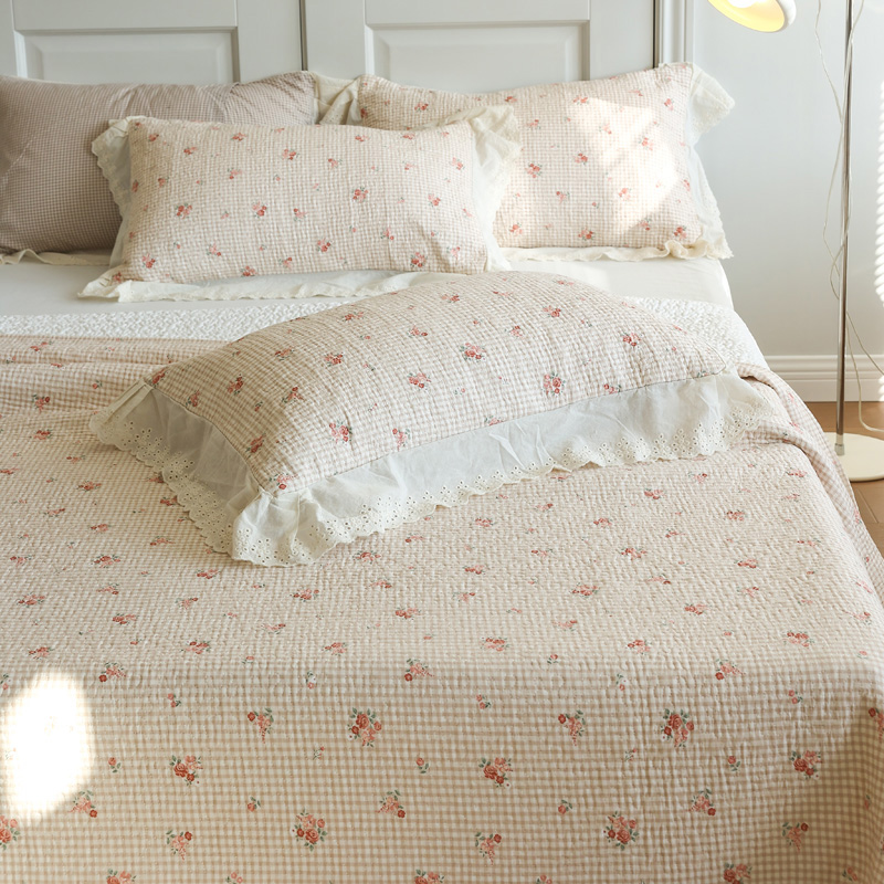 韩式公主风蕾丝花边纯棉床盖三件套被盖毯四季通用全棉厚床单炕盖