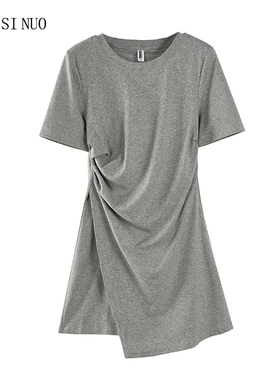 法式不对称a字裙女夏季韩版修身显瘦中长款设计感褶皱蓝色连衣裙