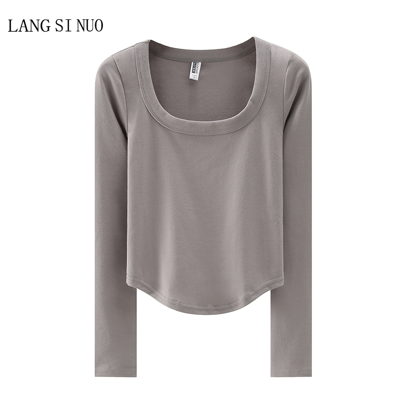 U领下摆圆弧纯欲修身纯棉长袖