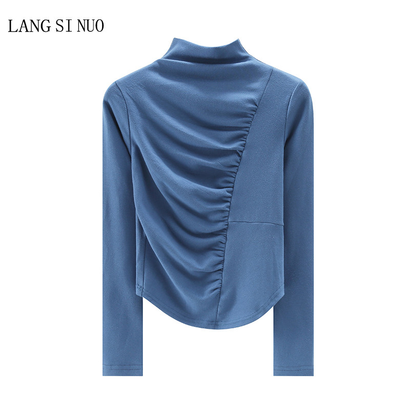 半高领修身圆弧压褶纯棉长袖