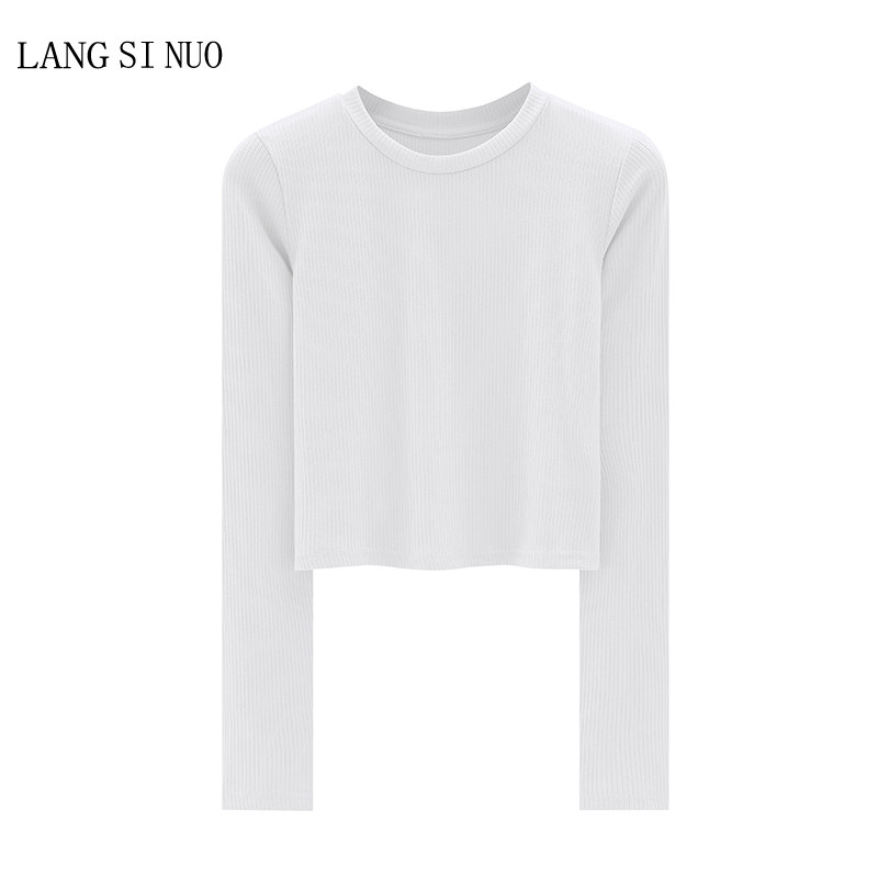 가을 겨울 새로운 한국 스타일 라운드 넥 짧은 순수 욕망 슬림 순수 코튼 솔리드 컬러 긴팔 티셔츠 탑 여성용 바닥 셔츠