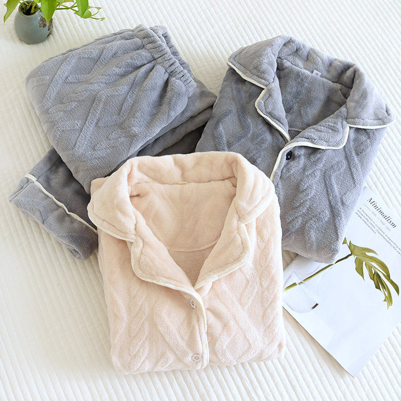 纯色系可外穿法兰绒睡衣女长袖秋冬保暖加绒加厚情侣家居服套装男