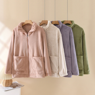 拉链单件上衣珊瑚绒睡衣女秋冬季 法兰绒保暖家居服 加绒加厚秋冬季