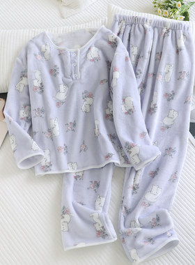 女法兰绒睡衣家居服冬季加厚套装