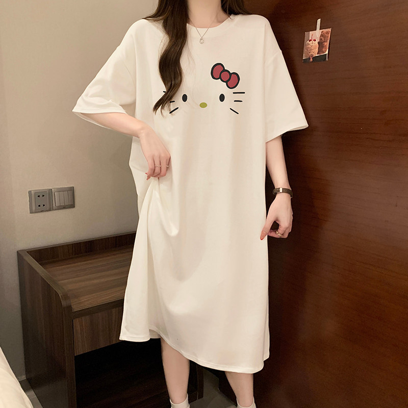 夏季纯棉肥胖MM新款夏睡裙女宽松柔软短袖少女卡通KT猫可爱家居服