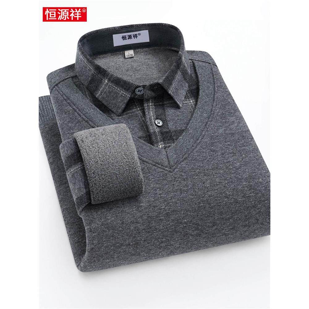 恒源祥2025冬季羊毛衬衫长袖男加绒加厚爸爸针织假两件蚕丝毛衣男