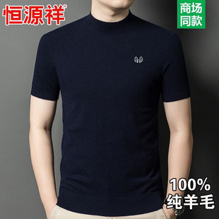 恒源祥100纯羊毛衫男士半高领毛衣春秋冬季薄款短袖针织衫T恤上衣