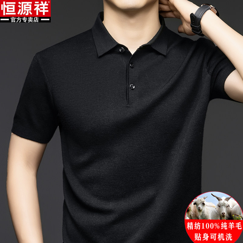 恒源祥100支精纺纯羊毛衫男士秋冬厚款翻领短袖t恤中年针织打底衫
