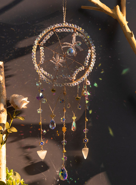 创意阳光捕手水晶碎石捕梦网挂件蜘蛛造型手工风铃家居装饰挂饰送