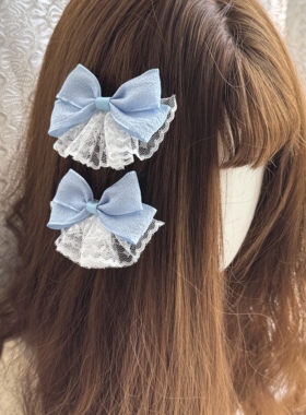 原创日系软妹风蓝色芭蕾风蕾丝蝴蝶结发夹JK少女Lolita立体对夹