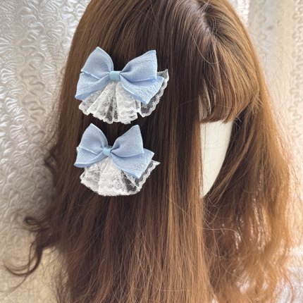 原创日系软妹风蓝色芭蕾风蕾丝蝴蝶结发夹JK少女Lolita立体对夹