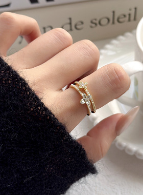 复古轻奢双层滴油锆石花朵食指戒