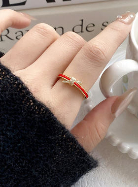 新中式红绳锆石几何可调开口戒