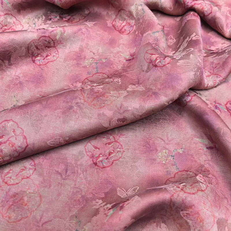 重磅花萝香云纱真丝桑蚕丝布料新中式粉色花色旗袍连衣裙服装面料