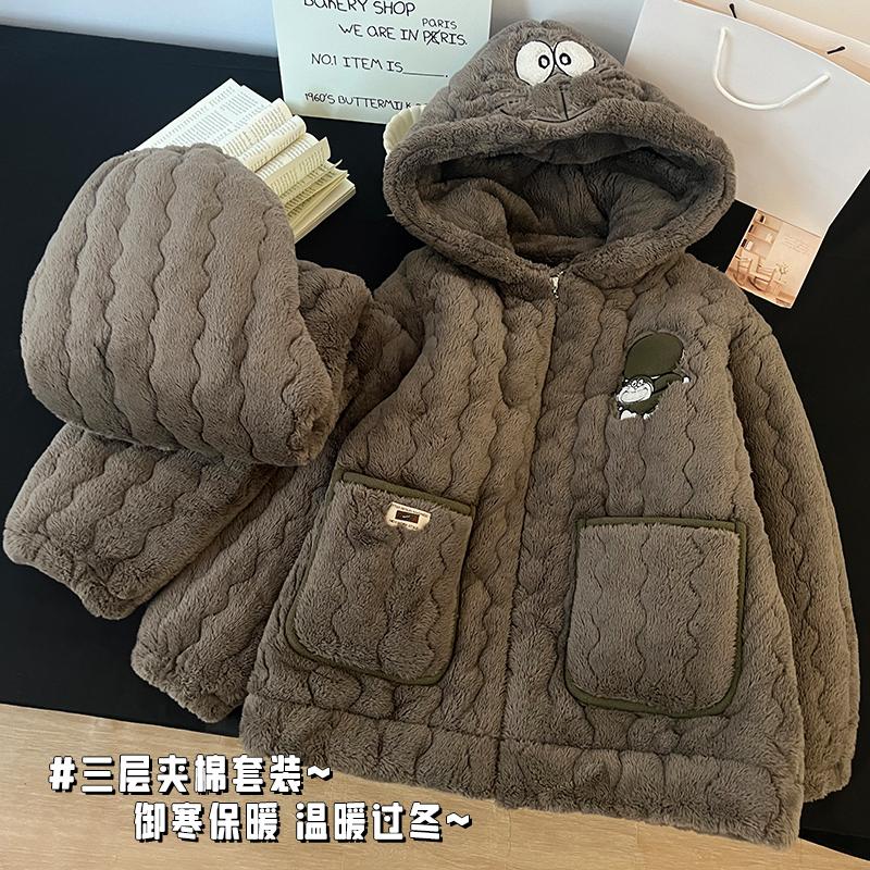 男款冬天连帽卡通加厚珊瑚绒睡衣