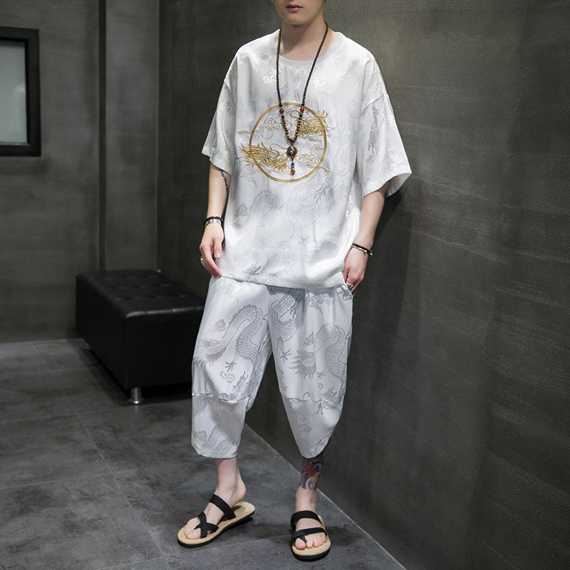중국 스타일 남성 여름 반팔 티셔츠 정장 얇은 얼음 실크 새틴 고대 스타일 캐주얼 느슨한 트렌드 중공업 자수