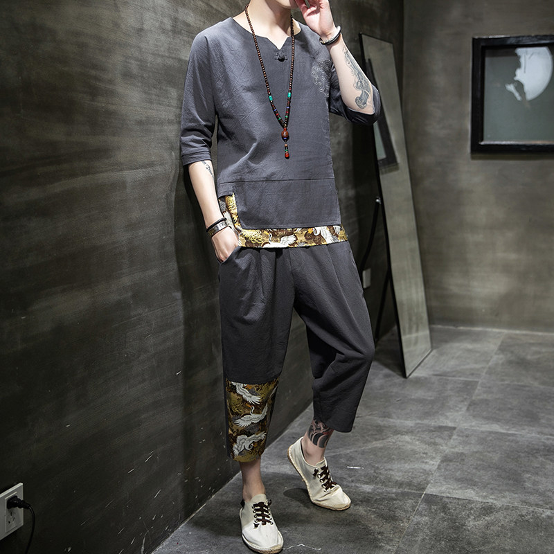 중국 스타일 남자 정장 중국 스타일 버클 청소년 유행 면화와 린넨 접합 유행 복고풍 여름 반팔 티셔츠 정장