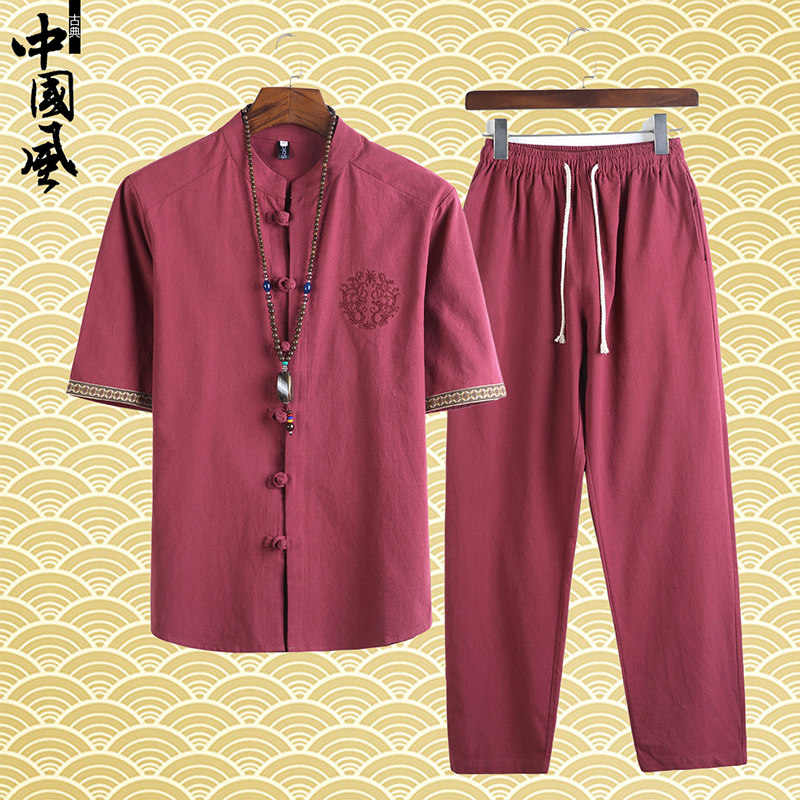 중국 스타일 남성 여름 린넨 반팔 당나라 정장 골동품 중국어 버튼 업 면화와 린넨 셔츠 자수 복고풍 추세