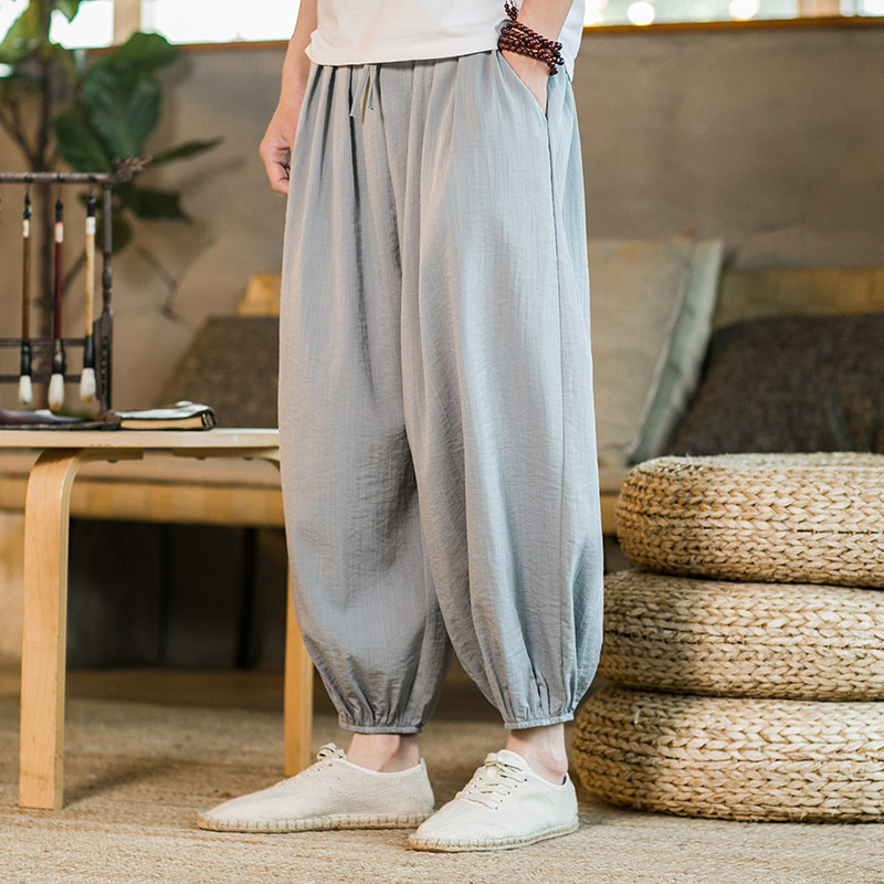 남성용 리넨 와이드 팬츠 루즈 스트레이트 드레이프 아이스 실크 캐주얼 9점 팬츠 여름 얇은 그레이 트렌드