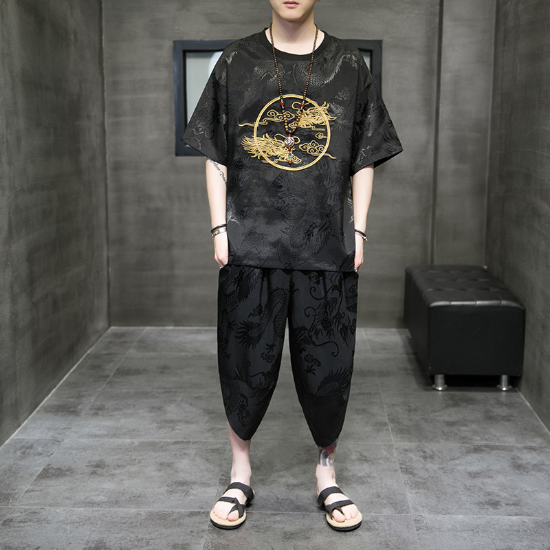 중국 스타일 남성 여름 반팔 티셔츠 정장 얇은 얼음 실크 새틴 고대 스타일 캐주얼 느슨한 트렌드 중공업 자수