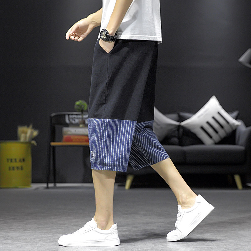 중국 스타일 남성 크롭 바지 여름 유행 브랜드 얇은 자수 스트라이프 린넨 캐주얼 반바지 대형 루즈 트렌드