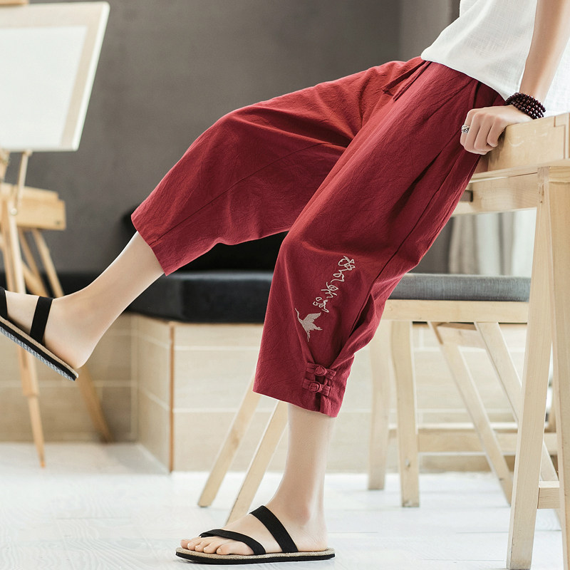남성용 여름 중국 스타일 수 놓은 리넨 크롭 바지 플러스 사이즈 플러스 사이즈 루즈 스트레이트 하렘 캐주얼 바지 코튼과 린넨 반바지