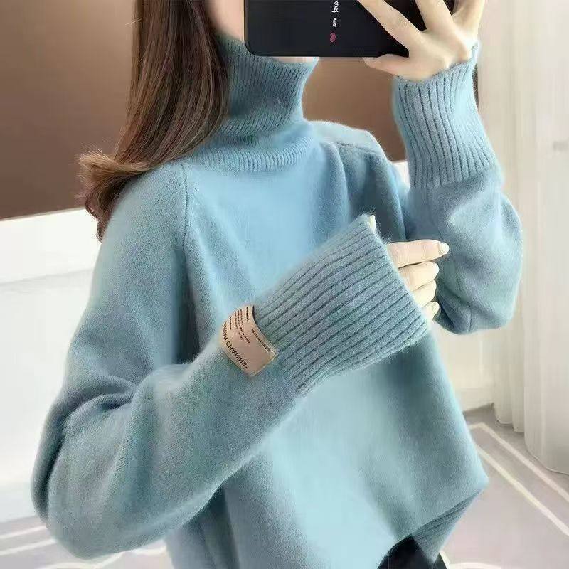 欧货高领蓝色毛衣女秋冬小个子奶fufu慵懒宽松加厚针织内搭打底衫