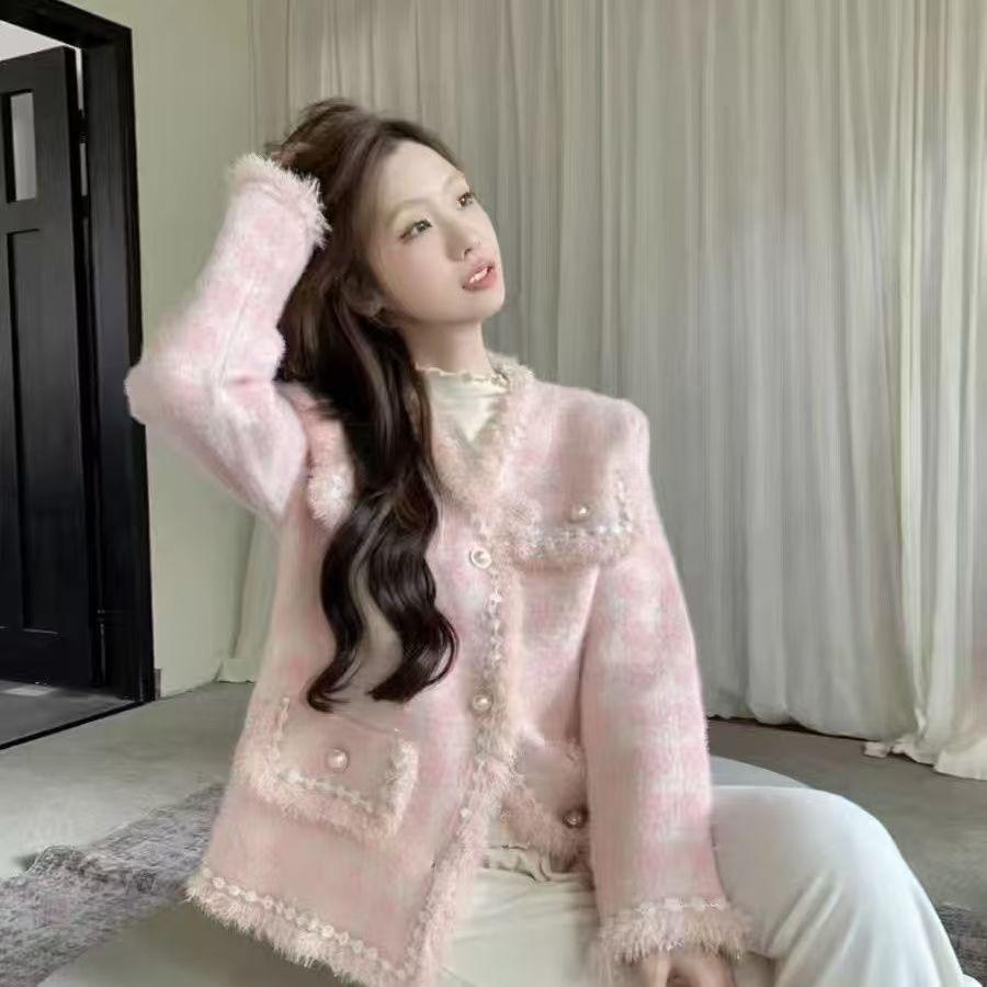 秋季新款针织衫开衫V领仿水貂绒外套小香风女上衣千鸟格流苏短款