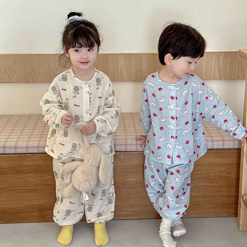 儿童春季纱布长袖居家服睡衣套装宝宝双层纯棉纱透气中小童空调服