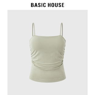 显瘦性感外穿打底 House带胸垫细吊带背心女褶皱修身 Basic 百家好