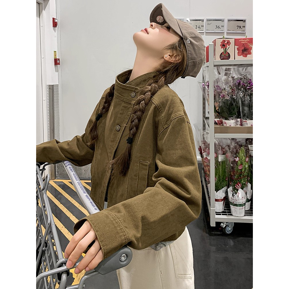 咖色短款立领工装夹克外套女春秋超火好看高级感小众美式酷飒上衣