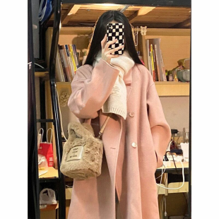 粉色毛呢外套女2023秋冬季新款呢子大衣赫本风小个子韩系冬天加厚