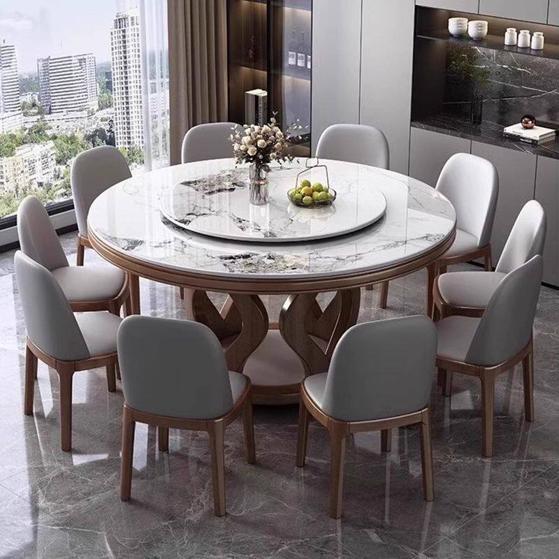 实木高端岩板餐桌椅 组合轻奢圆形现代简约 小户型圆桌带转盘饭桌