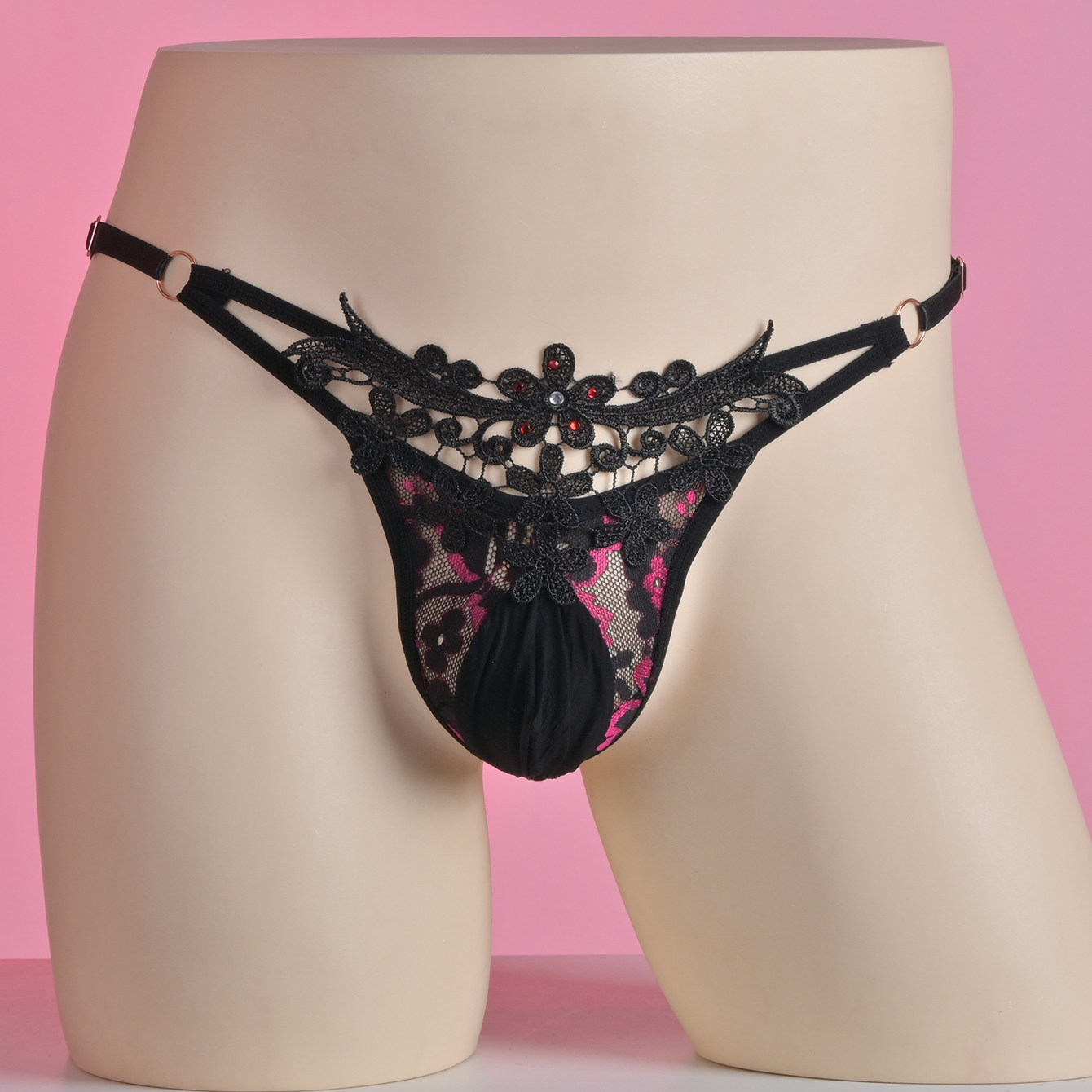 2025 新款 蕾丝镂空粉色刺绣花朵 腰带可调节男士丁字裤,女士内衣/男士内衣/家居服,男丁字裤,淘宝优惠券,粉丝福利购,淘宝优惠卷