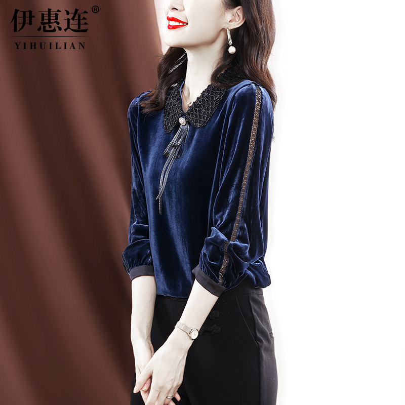 真丝丝绒衬衫女2021秋冬新款时尚长袖蕾丝拼接宽松气质桑蚕丝上衣