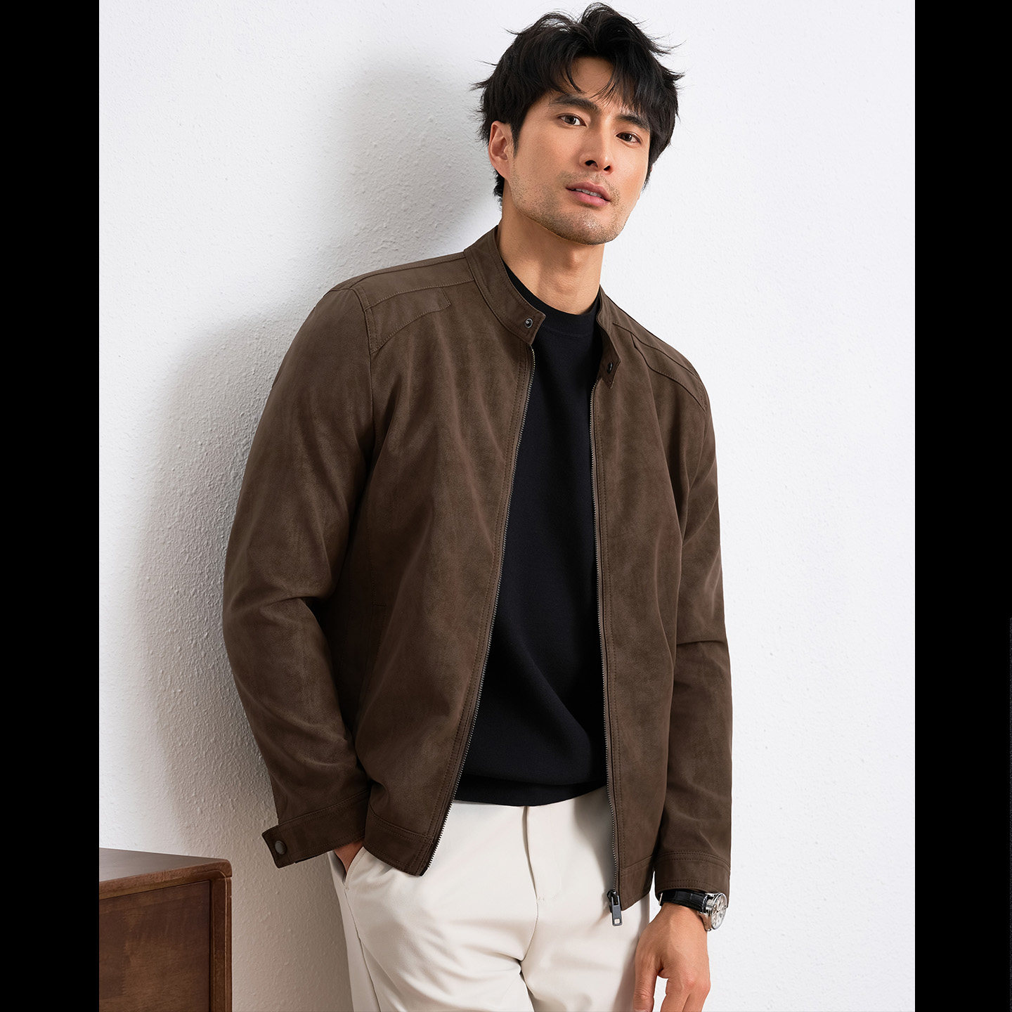 纳特尤尼秋冬2025中年修身PU皮夹克简约百搭男士绒面皮衣立领外套