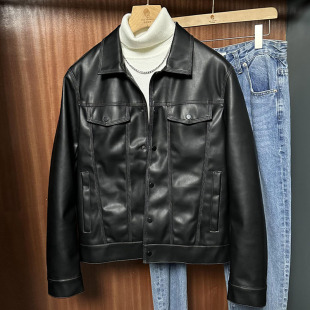 翻领短款 修身 休闲黑色机车皮衣 潮牌韩版 秋冬皮夹克外套男2023新款