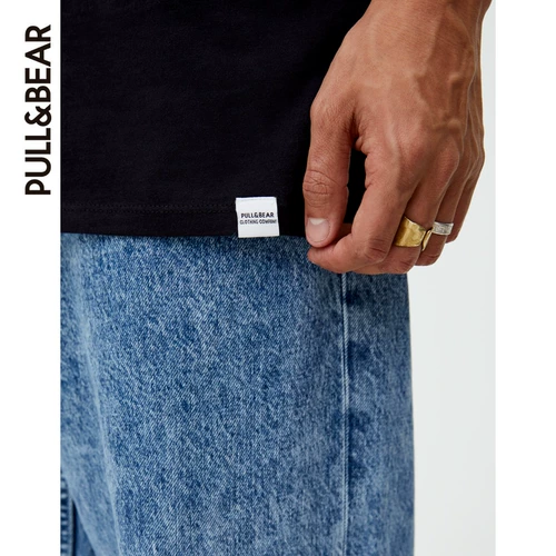 Pull & Bear Basic Cotton's Men's Short -Sleeed T -Fork Black Spring и летние новые продукты 09230572800