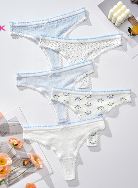 小清新甜美可爱丁字裤女低腰无痕纯棉碎花少女内裤瑜伽性感T裤